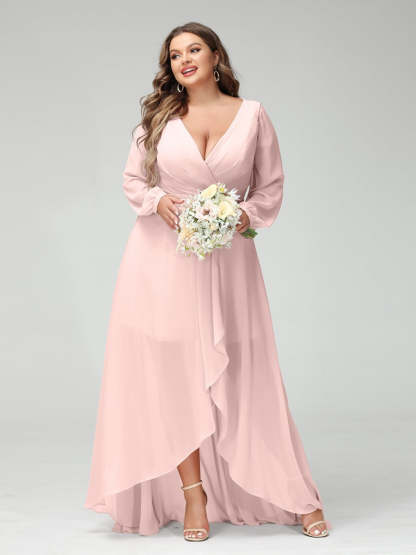Plus Size Asymmetrical A-Line Bridesmaid Dress with V-Neck and Long Sleeves, Featuring Pockets