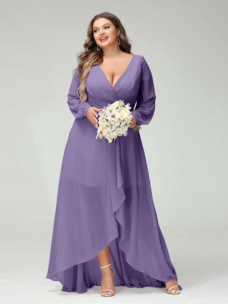 Plus Size Asymmetrical A-Line Bridesmaid Dress with V-Neck and Long Sleeves, Featuring Pockets