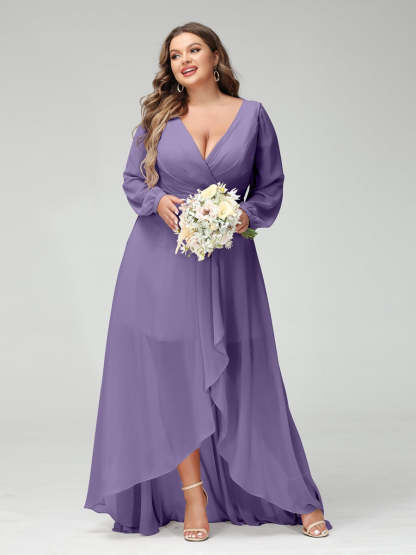Plus Size Asymmetrical A-Line Bridesmaid Dress with V-Neck and Long Sleeves, Featuring Pockets