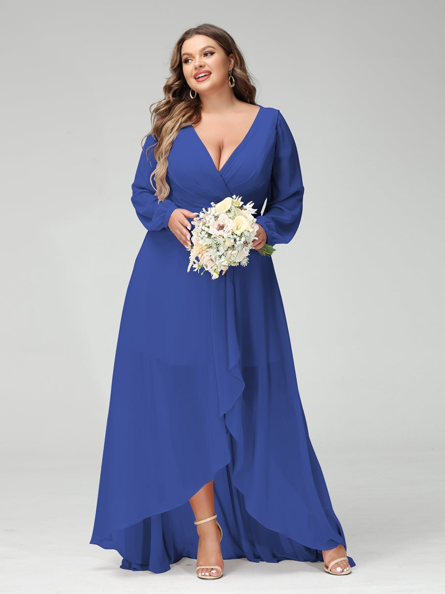 Plus Size Asymmetrical A-Line Bridesmaid Dress with V-Neck and Long Sleeves, Featuring Pockets