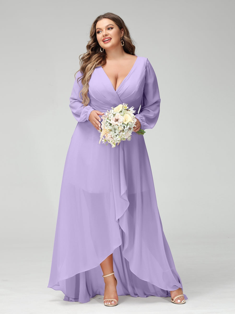 Plus Size Asymmetrical A-Line Bridesmaid Dress with V-Neck and Long Sleeves, Featuring Pockets
