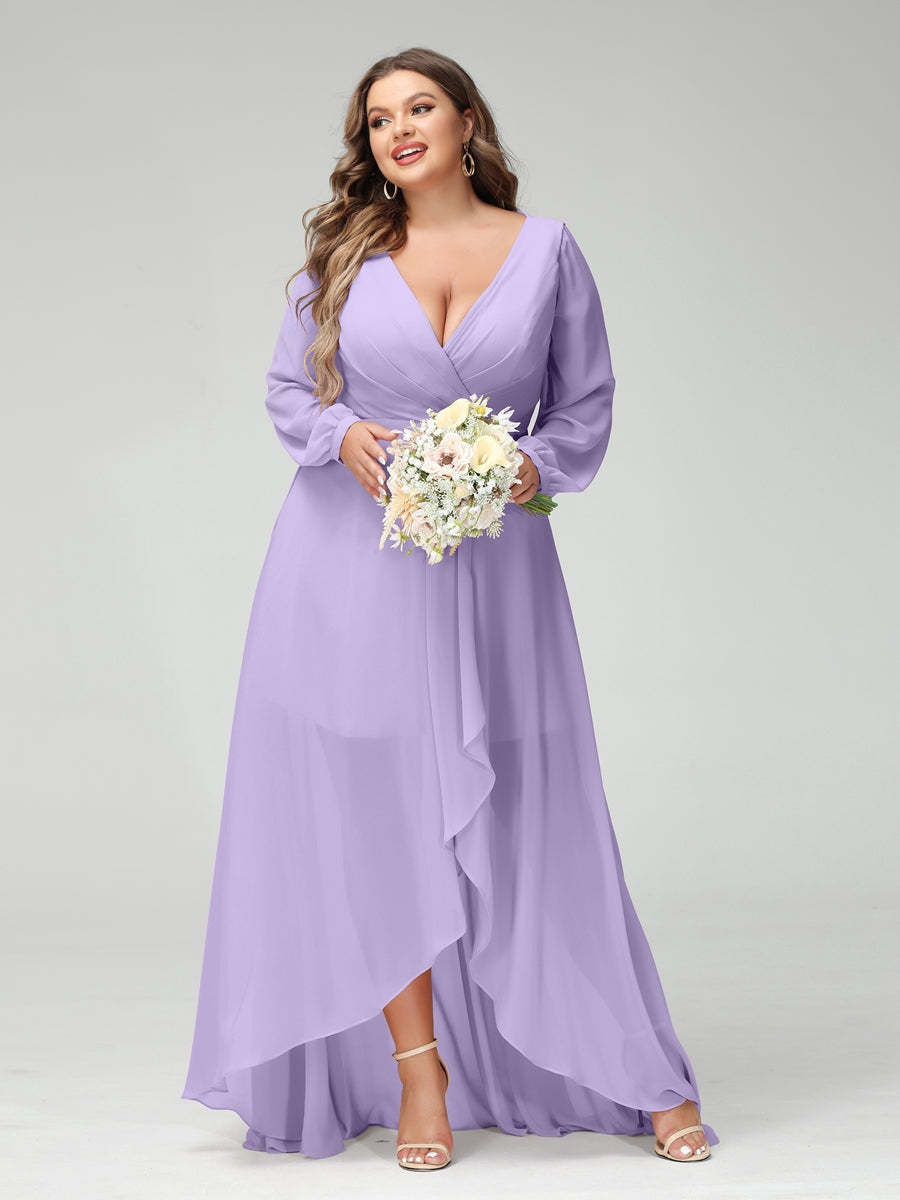 Plus Size Asymmetrical A-Line Bridesmaid Dress with V-Neck and Long Sleeves, Featuring Pockets