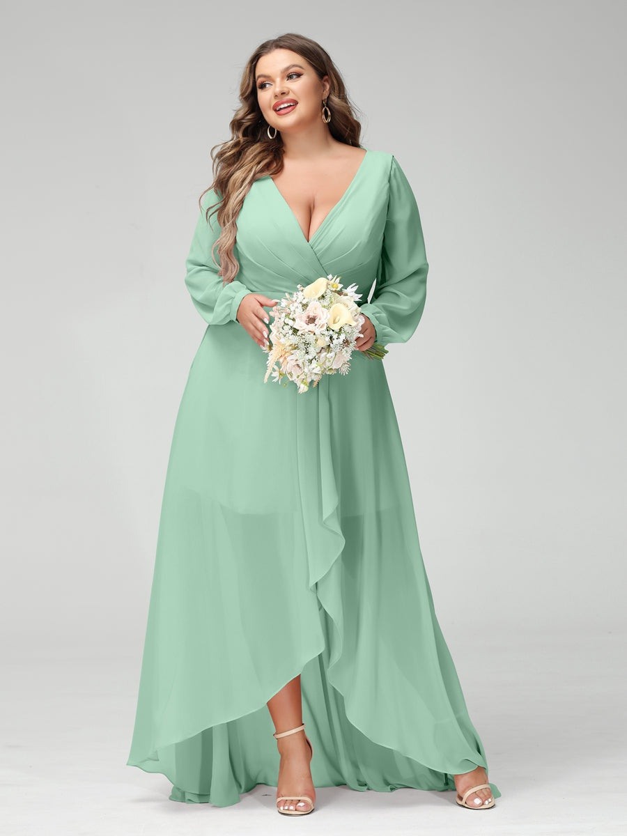 Plus Size Asymmetrical A-Line Bridesmaid Dress with V-Neck and Long Sleeves, Featuring Pockets