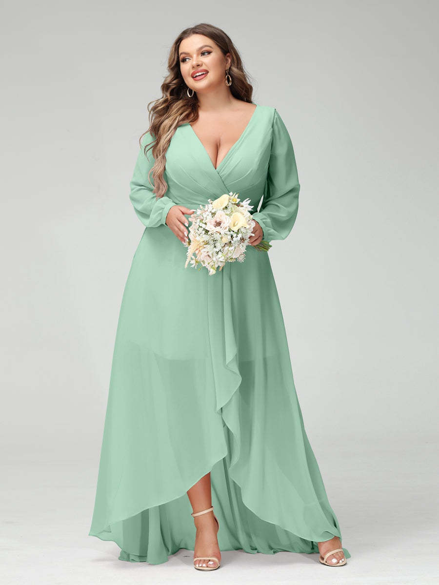 Plus Size Asymmetrical A-Line Bridesmaid Dress with V-Neck and Long Sleeves, Featuring Pockets