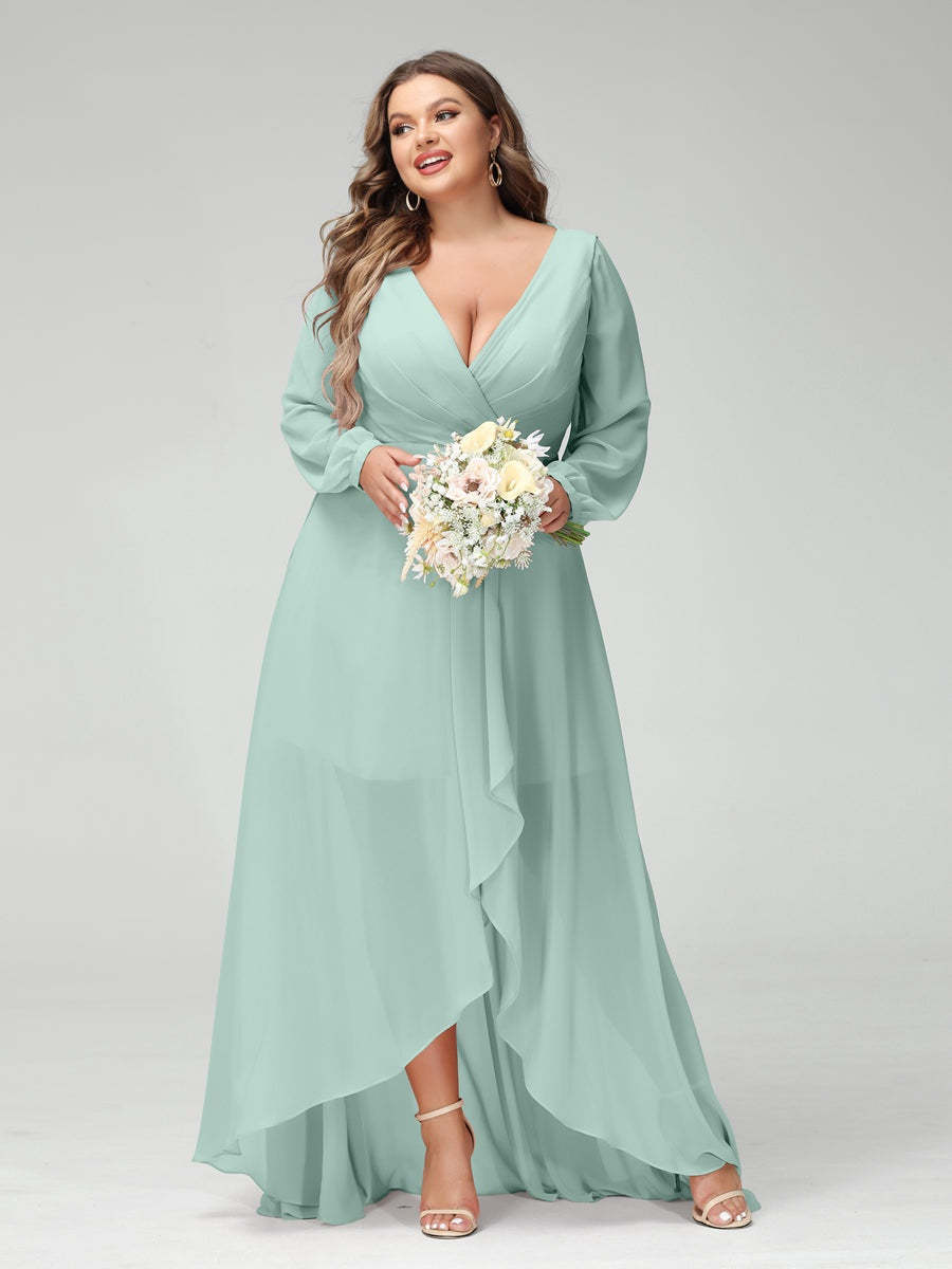 Plus Size Asymmetrical A-Line Bridesmaid Dress with V-Neck and Long Sleeves, Featuring Pockets
