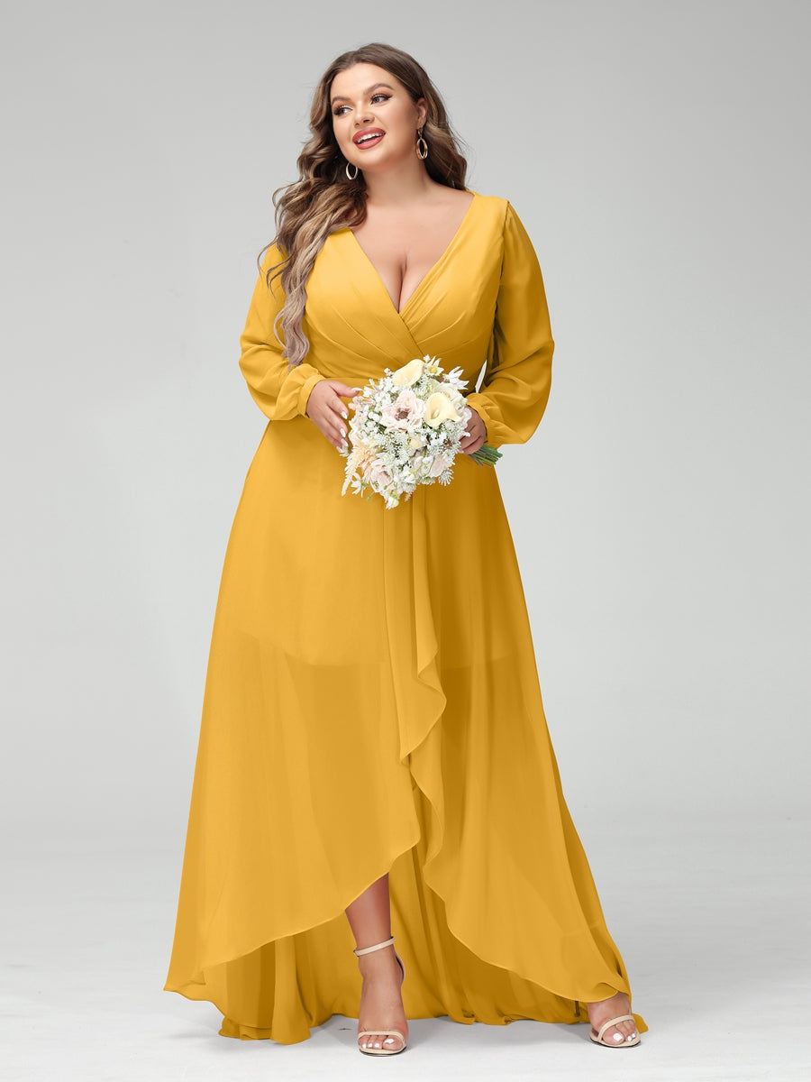 Plus Size Asymmetrical A-Line Bridesmaid Dress with V-Neck and Long Sleeves, Featuring Pockets
