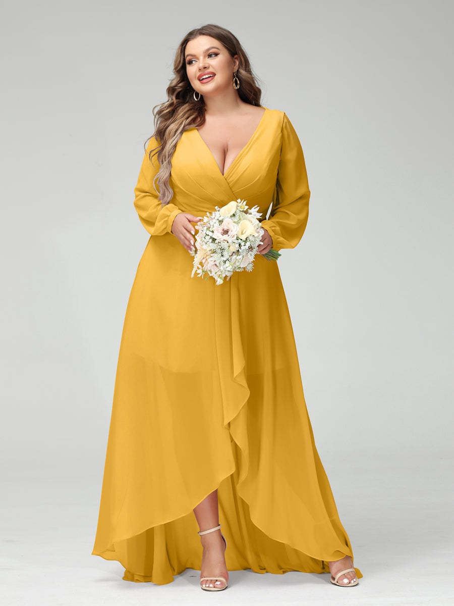 Plus Size Asymmetrical A-Line Bridesmaid Dress with V-Neck and Long Sleeves, Featuring Pockets