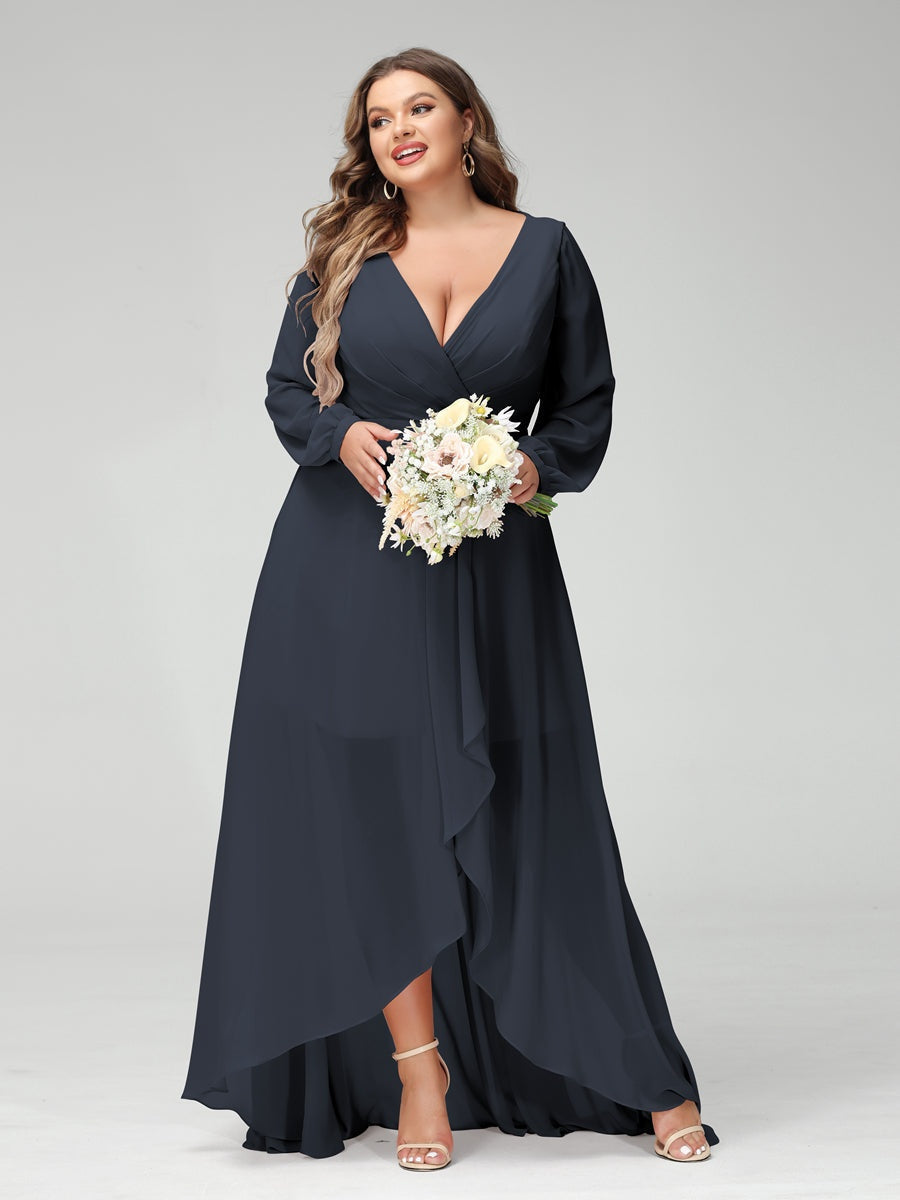 Plus Size Asymmetrical A-Line Bridesmaid Dress with V-Neck and Long Sleeves, Featuring Pockets