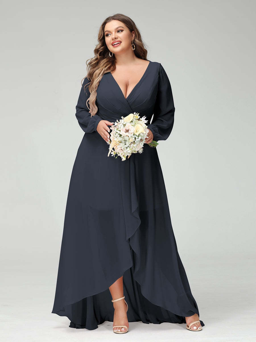Plus Size Asymmetrical A-Line Bridesmaid Dress with V-Neck and Long Sleeves, Featuring Pockets