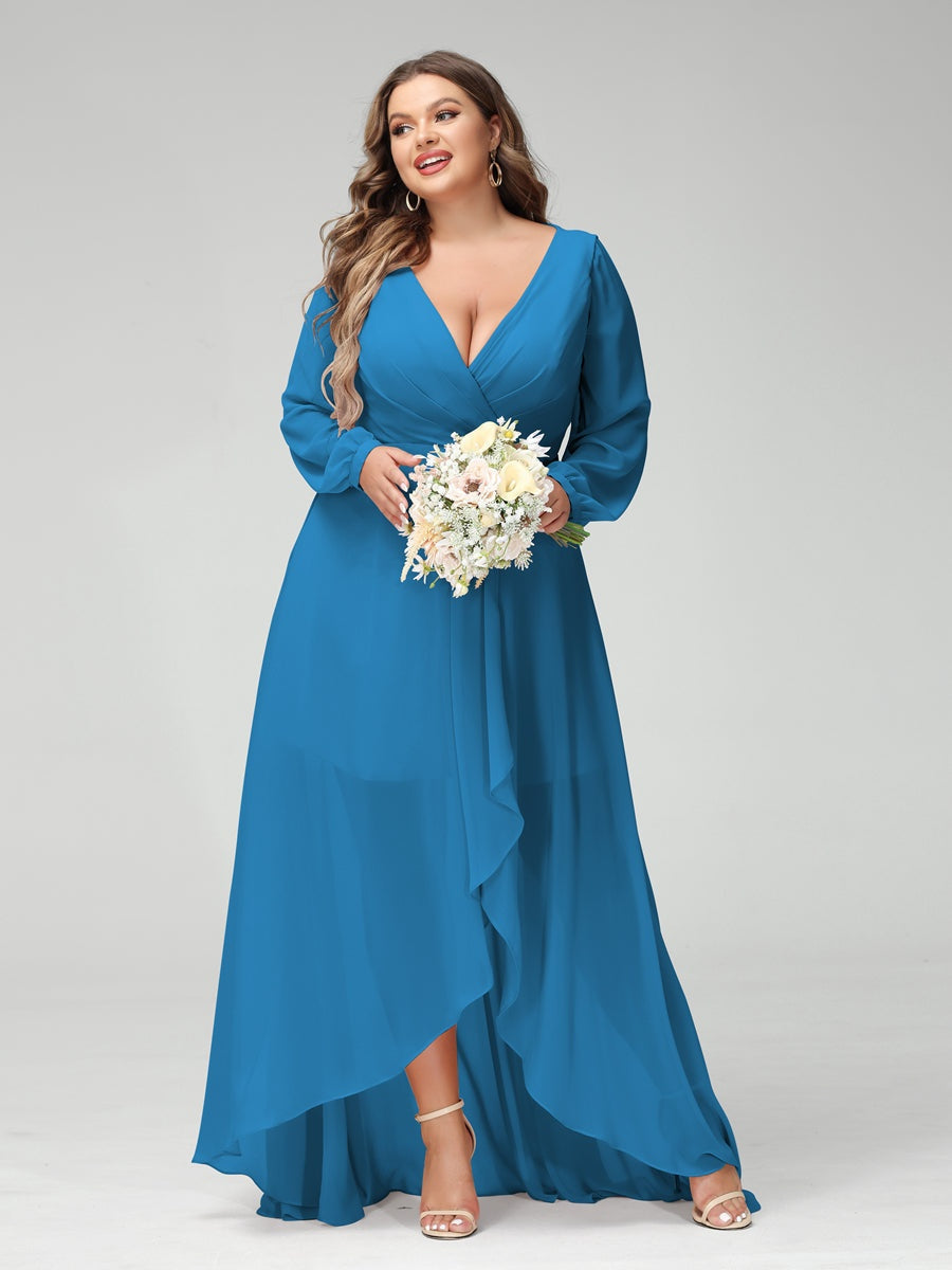 Plus Size Asymmetrical A-Line Bridesmaid Dress with V-Neck and Long Sleeves, Featuring Pockets