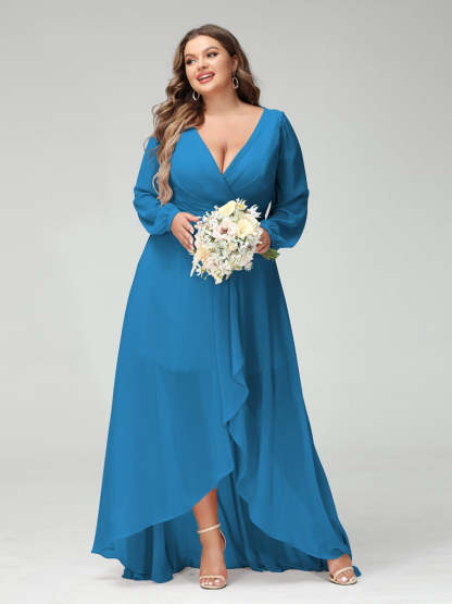 Plus Size Asymmetrical A-Line Bridesmaid Dress with V-Neck and Long Sleeves, Featuring Pockets