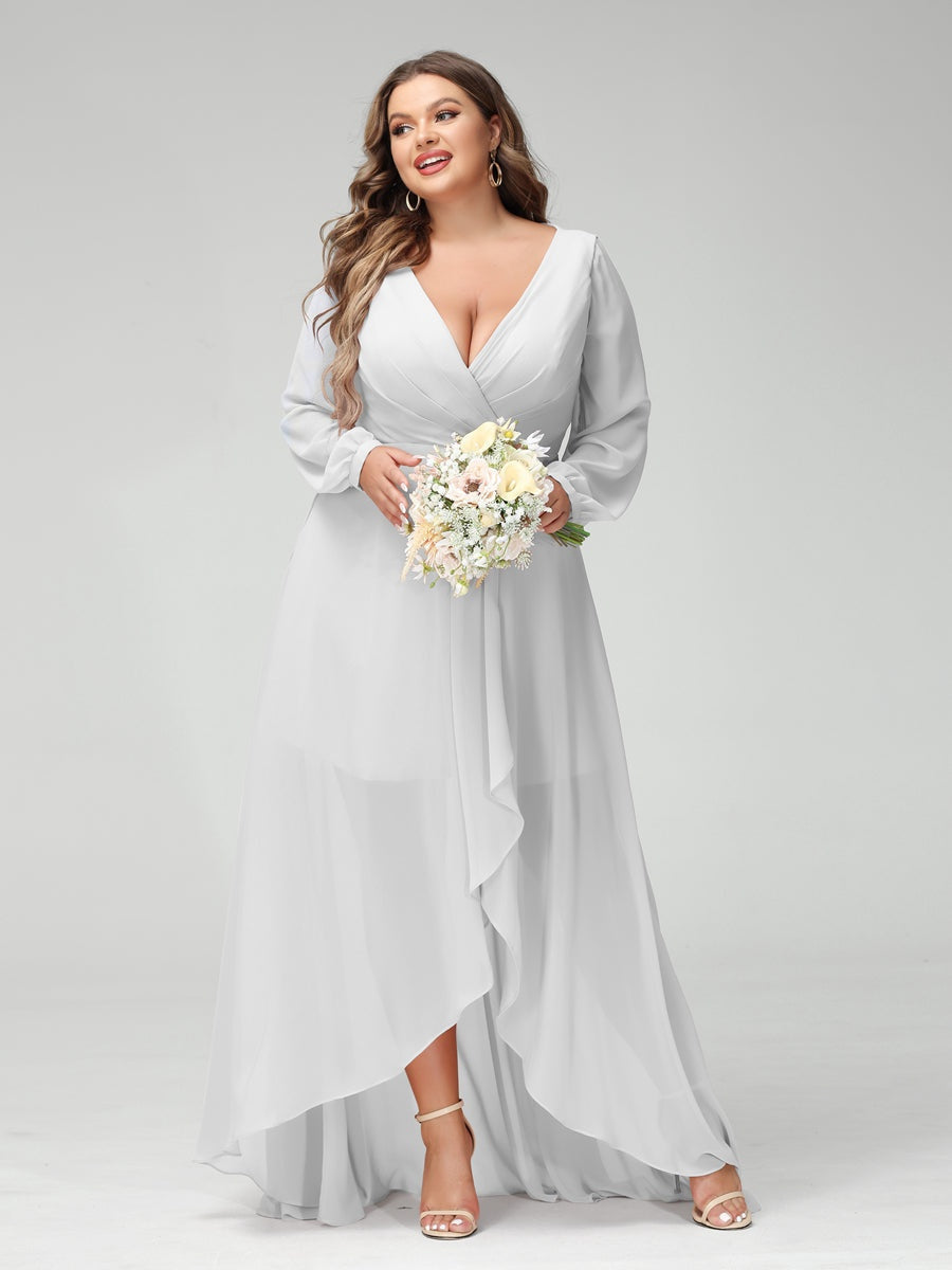 Plus Size Asymmetrical A-Line Bridesmaid Dress with V-Neck and Long Sleeves, Featuring Pockets