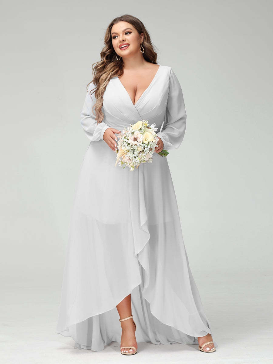 Plus Size Asymmetrical A-Line Bridesmaid Dress with V-Neck and Long Sleeves, Featuring Pockets