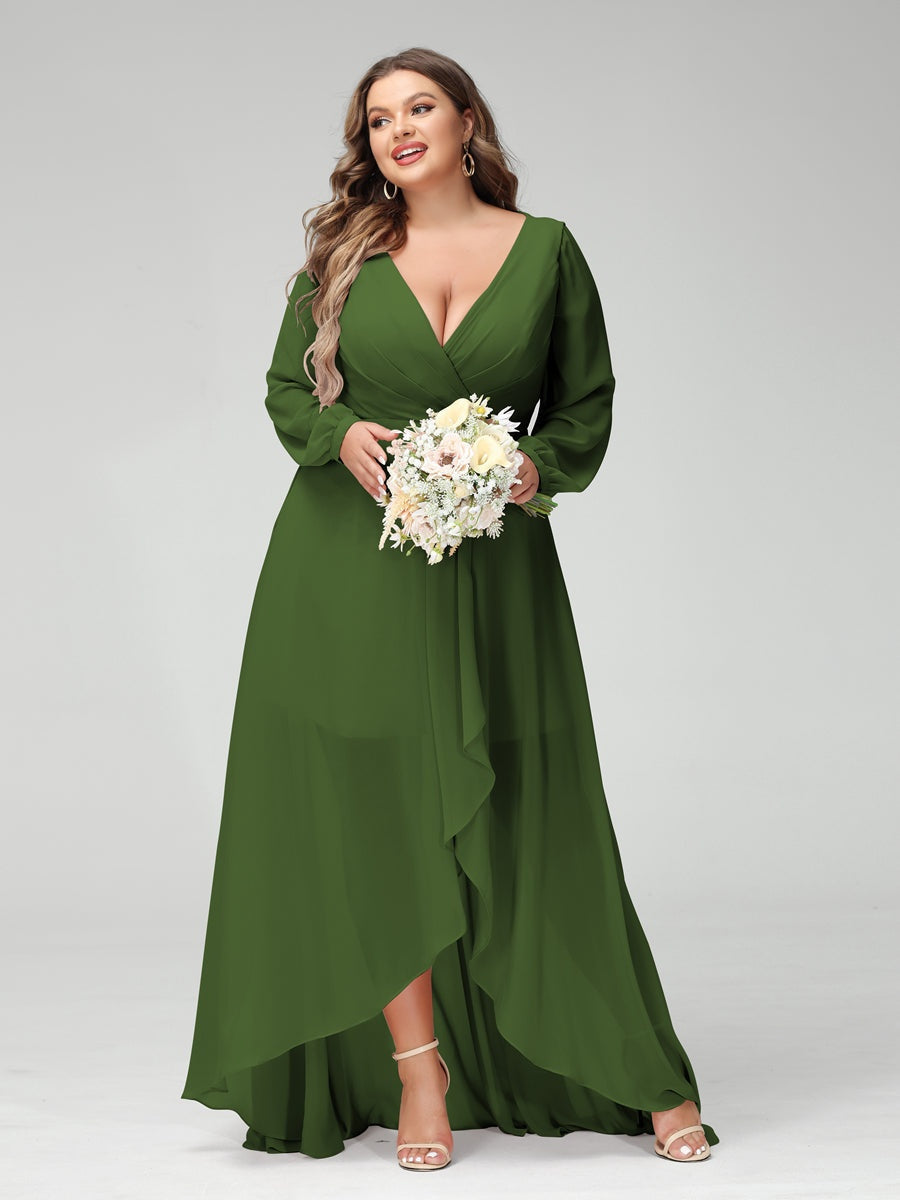Plus Size Asymmetrical A-Line Bridesmaid Dress with V-Neck and Long Sleeves, Featuring Pockets