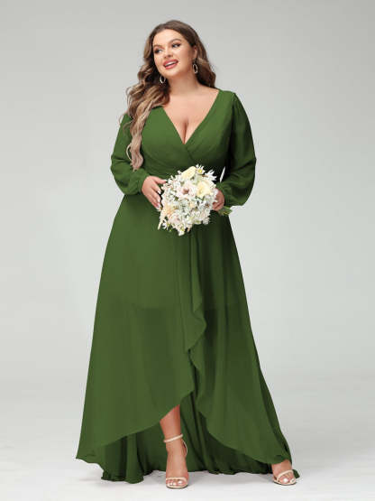Plus Size Asymmetrical A-Line Bridesmaid Dress with V-Neck and Long Sleeves, Featuring Pockets