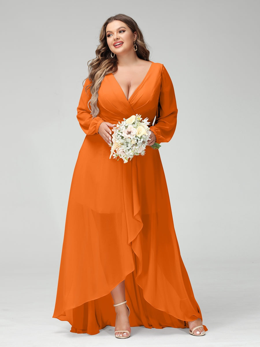 Plus Size Asymmetrical A-Line Bridesmaid Dress with V-Neck and Long Sleeves, Featuring Pockets