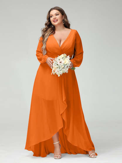 Plus Size Asymmetrical A-Line Bridesmaid Dress with V-Neck and Long Sleeves, Featuring Pockets