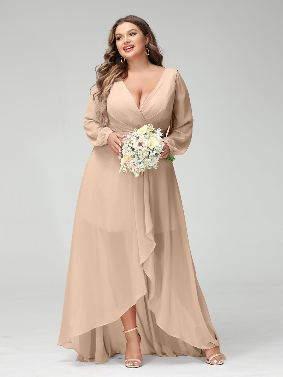 Plus Size Asymmetrical A-Line Bridesmaid Dress with V-Neck and Long Sleeves, Featuring Pockets