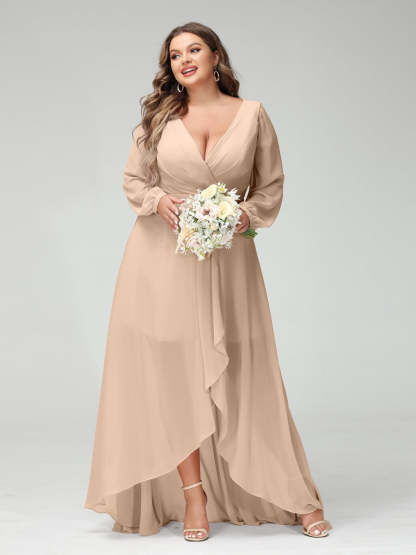 Plus Size Asymmetrical A-Line Bridesmaid Dress with V-Neck and Long Sleeves, Featuring Pockets