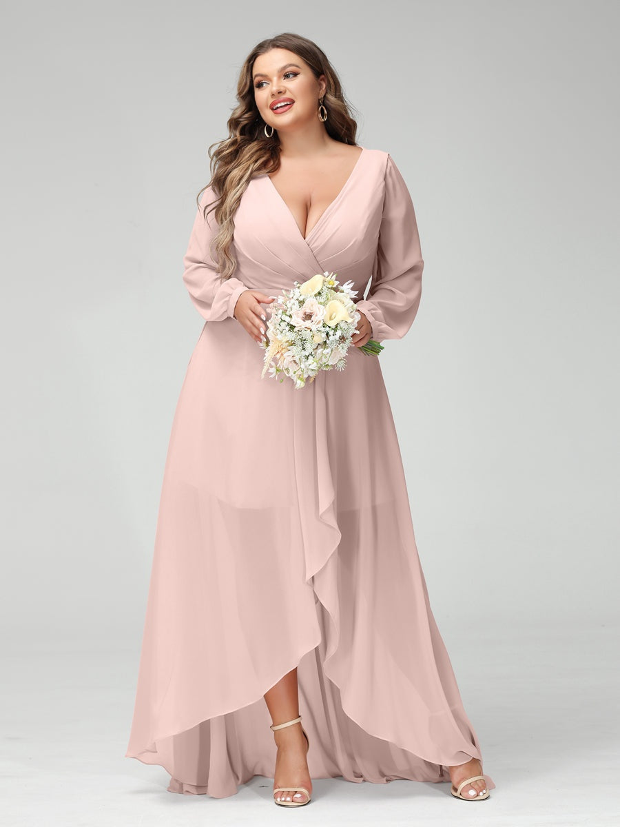 Plus Size Asymmetrical A-Line Bridesmaid Dress with V-Neck and Long Sleeves, Featuring Pockets