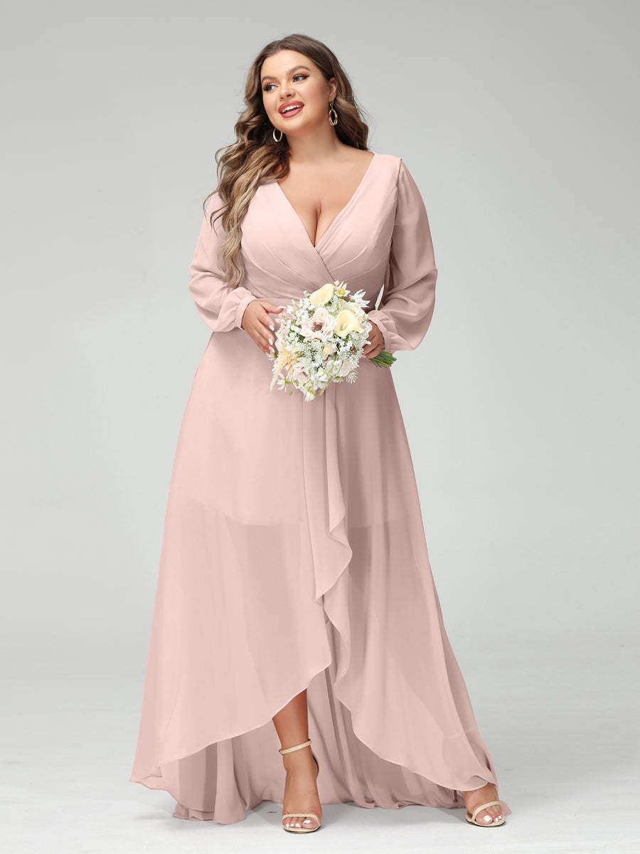 Plus Size Asymmetrical A-Line Bridesmaid Dress with V-Neck and Long Sleeves, Featuring Pockets