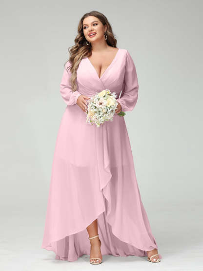 Plus Size Asymmetrical A-Line Bridesmaid Dress with V-Neck and Long Sleeves, Featuring Pockets
