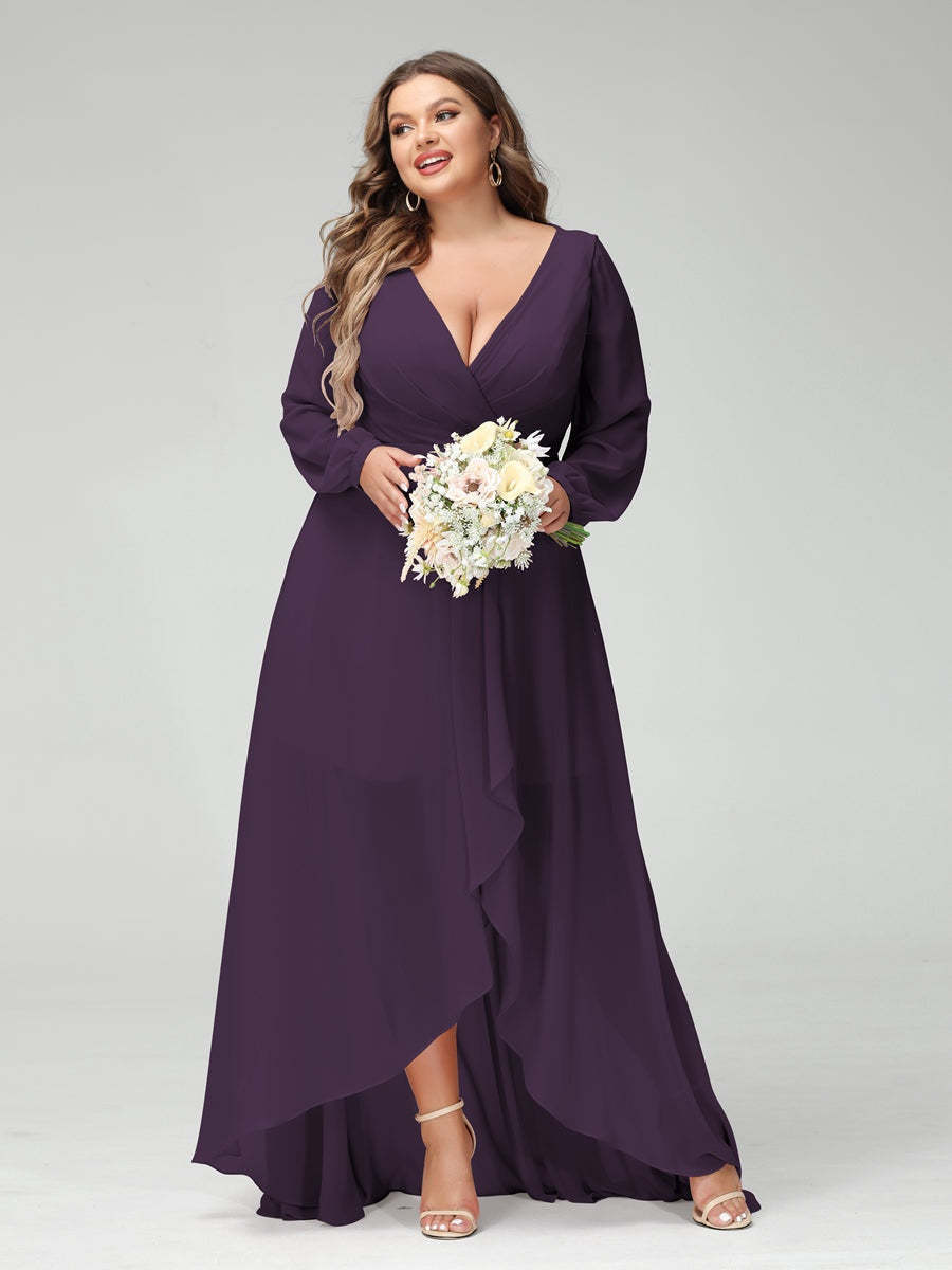 Plus Size Asymmetrical A-Line Bridesmaid Dress with V-Neck and Long Sleeves, Featuring Pockets