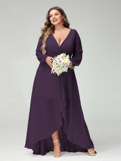 Plus Size Asymmetrical A-Line Bridesmaid Dress with V-Neck and Long Sleeves, Featuring Pockets
