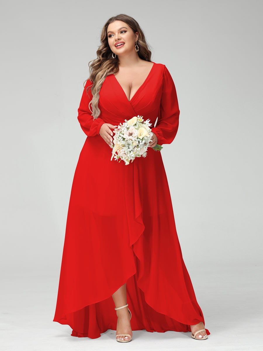 Plus Size Asymmetrical A-Line Bridesmaid Dress with V-Neck and Long Sleeves, Featuring Pockets