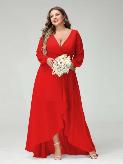 Plus Size Asymmetrical A-Line Bridesmaid Dress with V-Neck and Long Sleeves, Featuring Pockets