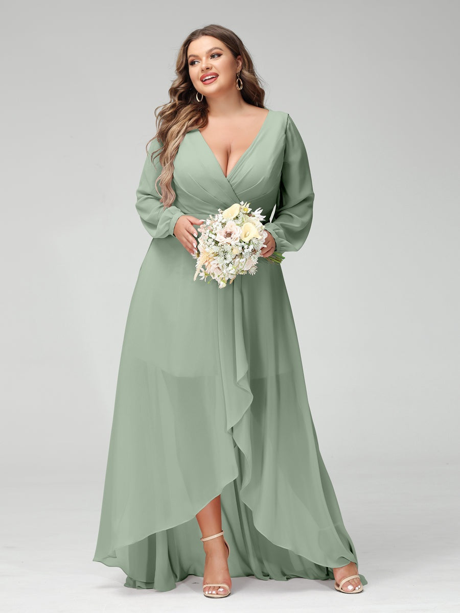 Plus Size Asymmetrical A-Line Bridesmaid Dress with V-Neck and Long Sleeves, Featuring Pockets