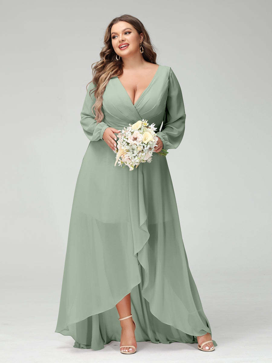 Plus Size Asymmetrical A-Line Bridesmaid Dress with V-Neck and Long Sleeves, Featuring Pockets