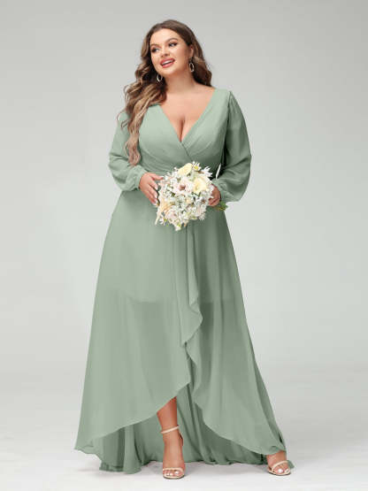 Plus Size Asymmetrical A-Line Bridesmaid Dress with V-Neck and Long Sleeves, Featuring Pockets