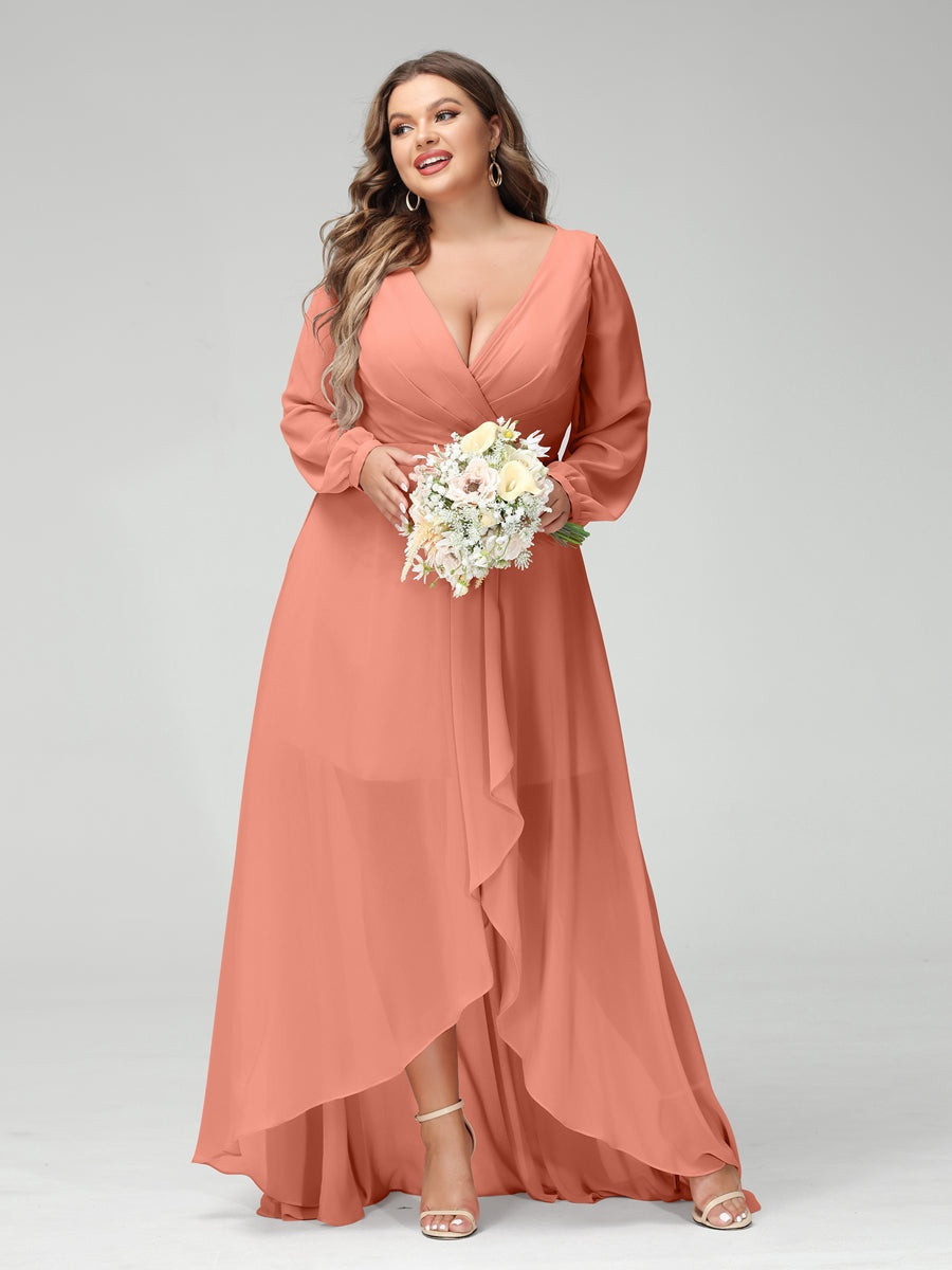 Plus Size Asymmetrical A-Line Bridesmaid Dress with V-Neck and Long Sleeves, Featuring Pockets