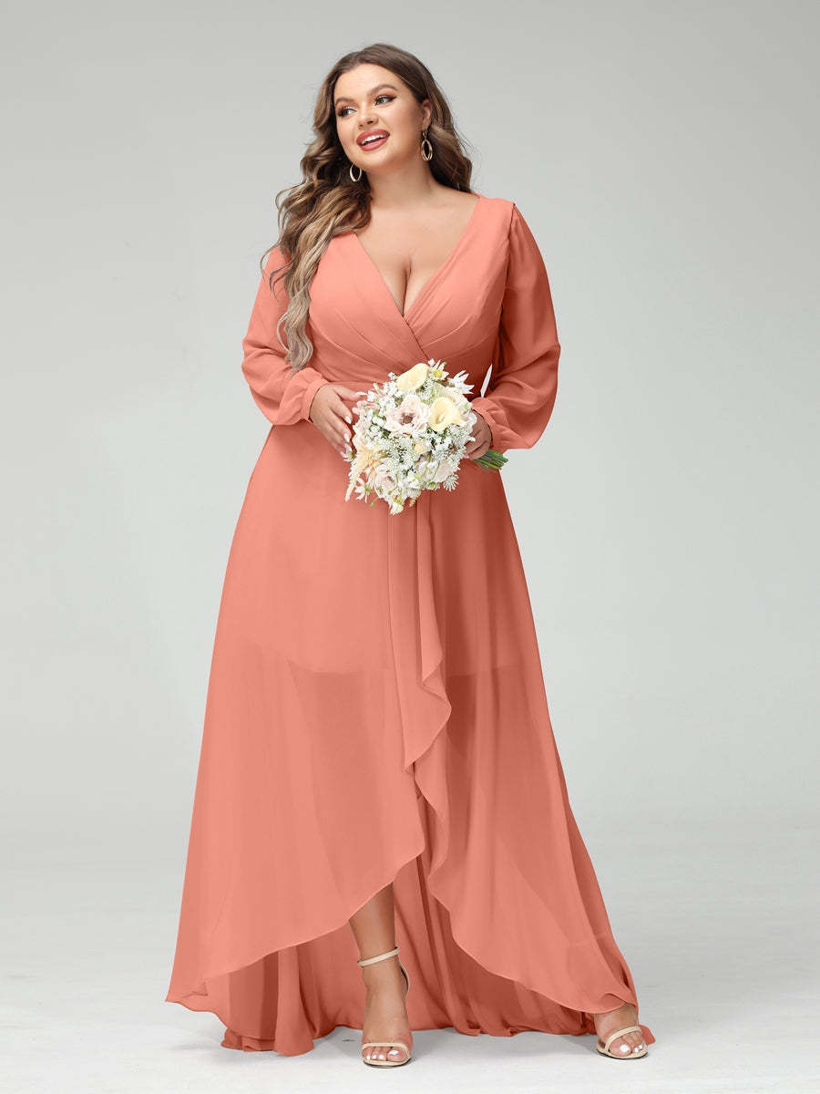 Plus Size Asymmetrical A-Line Bridesmaid Dress with V-Neck and Long Sleeves, Featuring Pockets