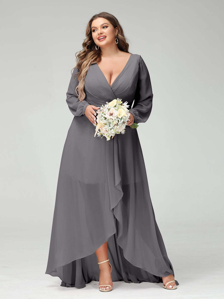 Plus Size Asymmetrical A-Line Bridesmaid Dress with V-Neck and Long Sleeves, Featuring Pockets