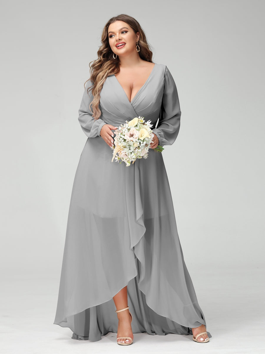 Plus Size Asymmetrical A-Line Bridesmaid Dress with V-Neck and Long Sleeves, Featuring Pockets