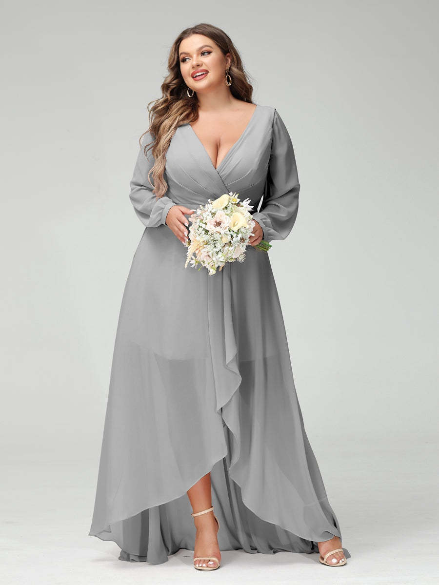Plus Size Asymmetrical A-Line Bridesmaid Dress with V-Neck and Long Sleeves, Featuring Pockets