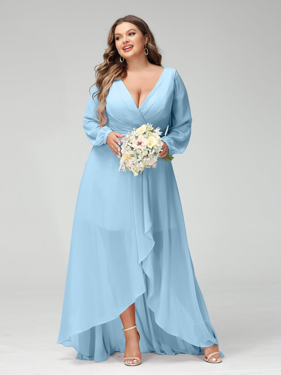 Plus Size Asymmetrical A-Line Bridesmaid Dress with V-Neck and Long Sleeves, Featuring Pockets