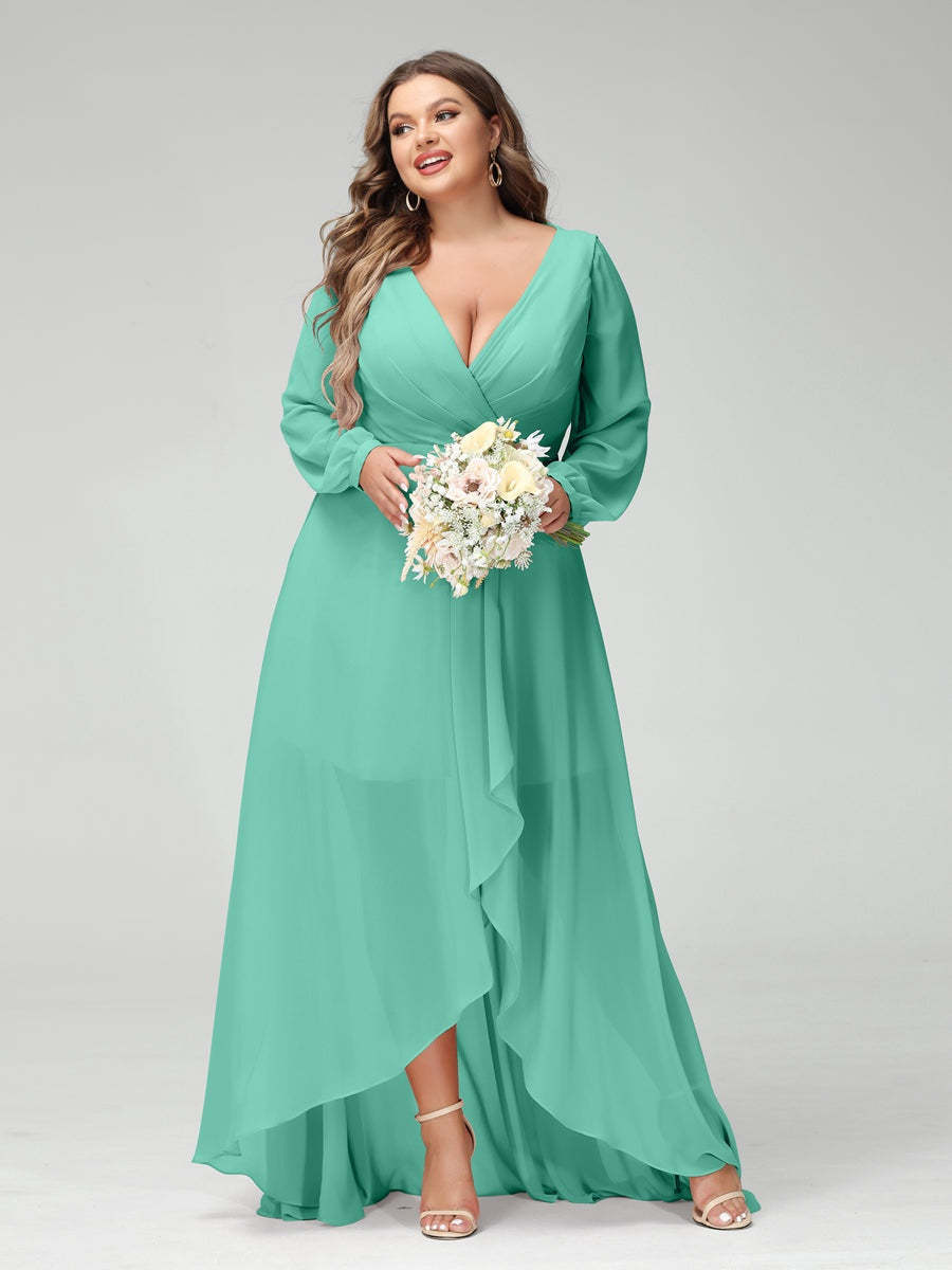 Plus Size Asymmetrical A-Line Bridesmaid Dress with V-Neck and Long Sleeves, Featuring Pockets