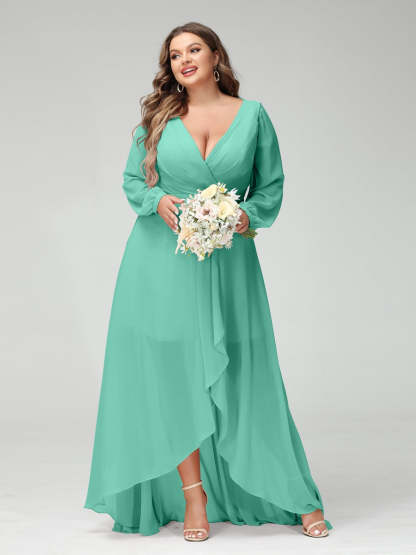 Plus Size Asymmetrical A-Line Bridesmaid Dress with V-Neck and Long Sleeves, Featuring Pockets