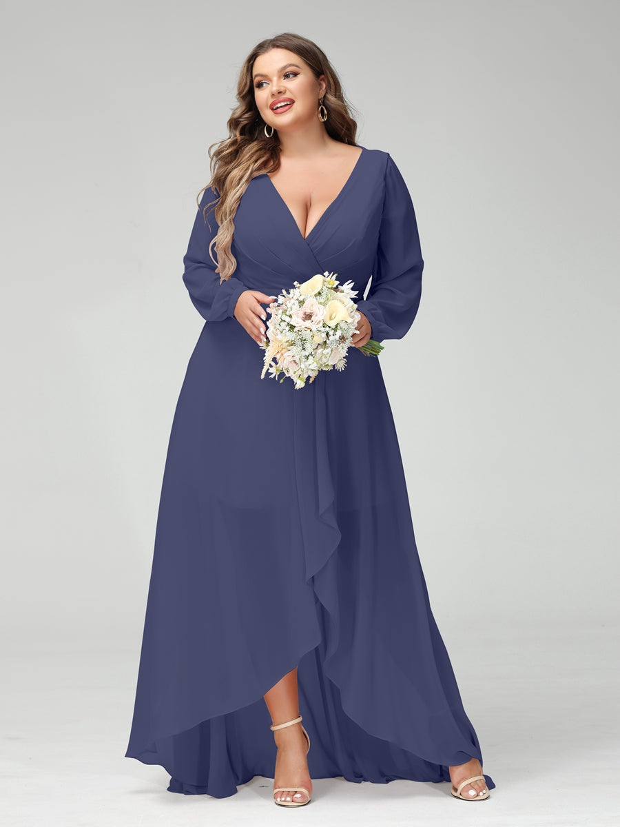 Plus Size Asymmetrical A-Line Bridesmaid Dress with V-Neck and Long Sleeves, Featuring Pockets