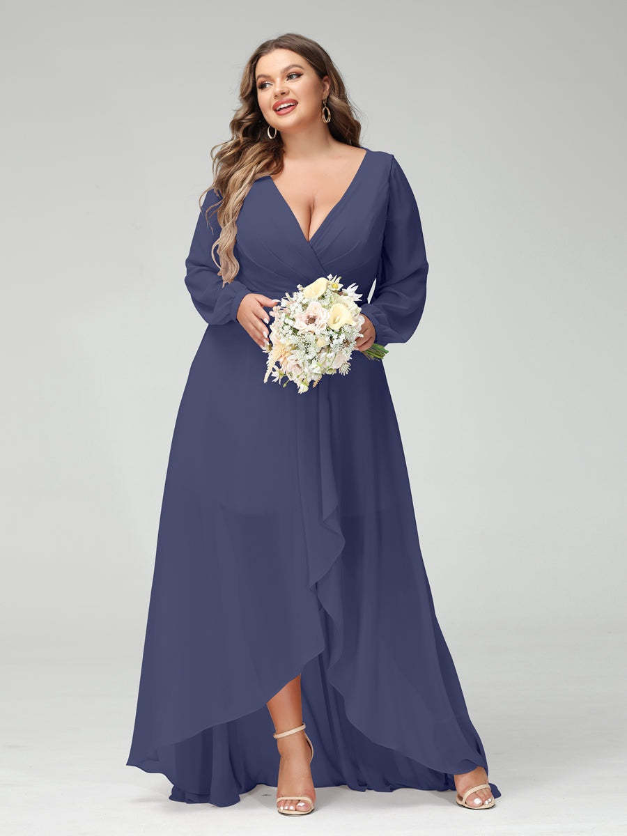 Plus Size Asymmetrical A-Line Bridesmaid Dress with V-Neck and Long Sleeves, Featuring Pockets