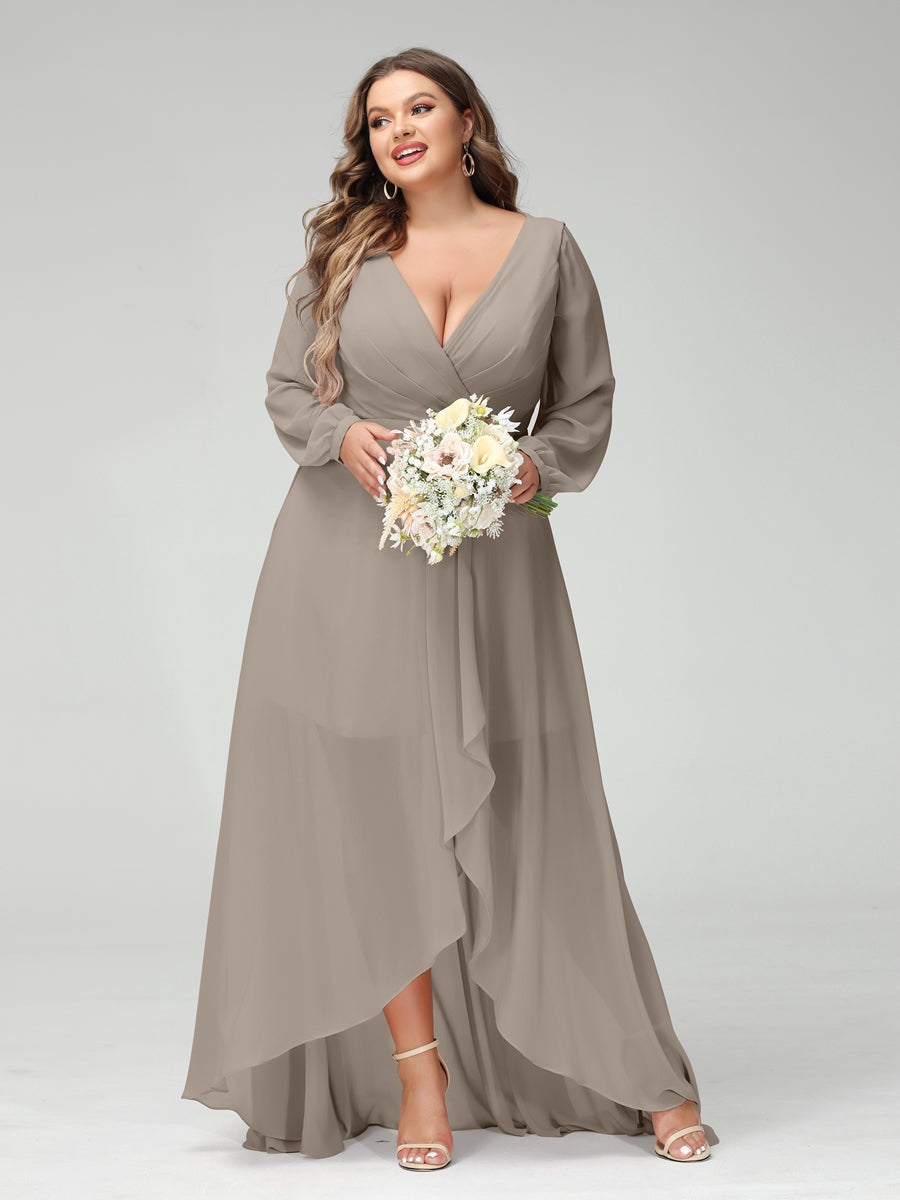 Plus Size Asymmetrical A-Line Bridesmaid Dress with V-Neck and Long Sleeves, Featuring Pockets