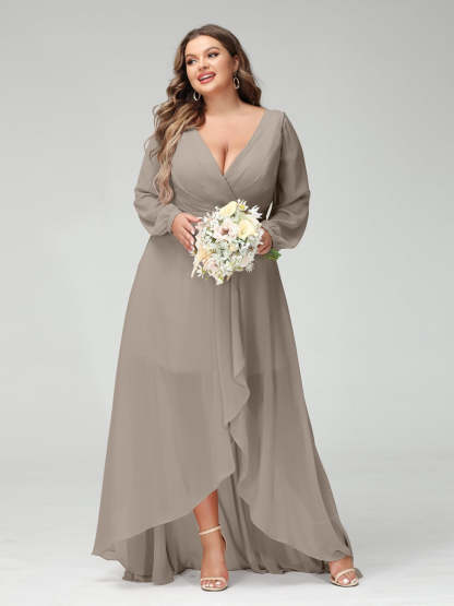 Plus Size Asymmetrical A-Line Bridesmaid Dress with V-Neck and Long Sleeves, Featuring Pockets