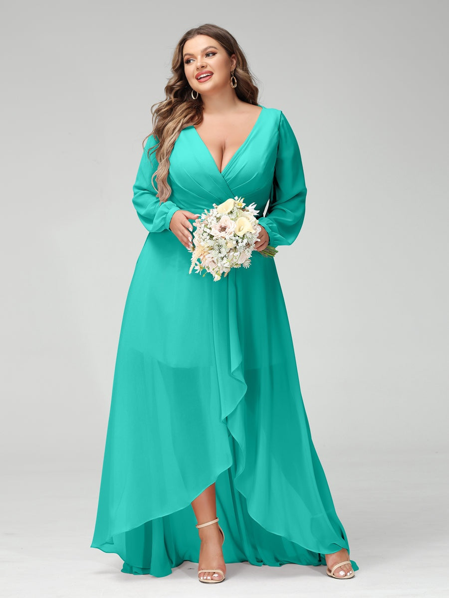 Plus Size Asymmetrical A-Line Bridesmaid Dress with V-Neck and Long Sleeves, Featuring Pockets