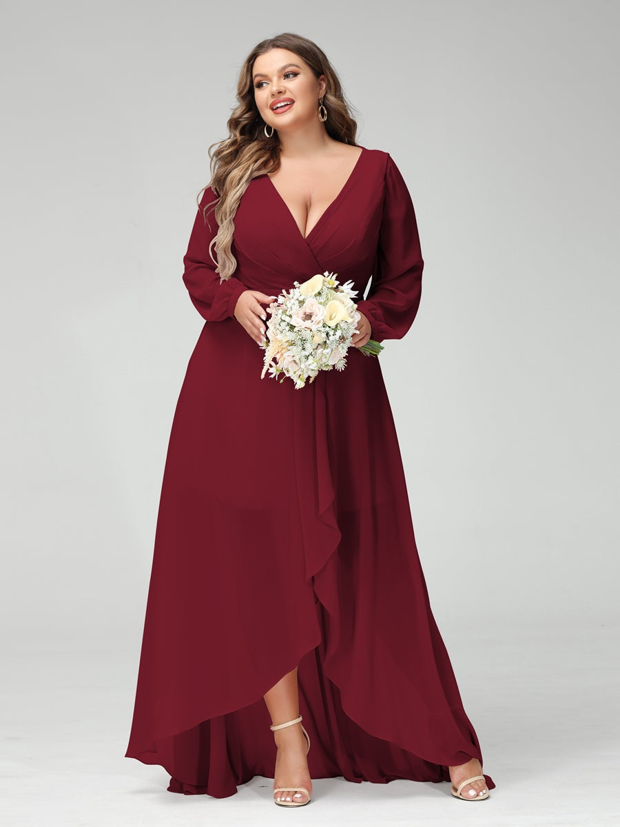 Plus Size Asymmetrical A-Line Bridesmaid Dress with V-Neck and Long Sleeves, Featuring Pockets