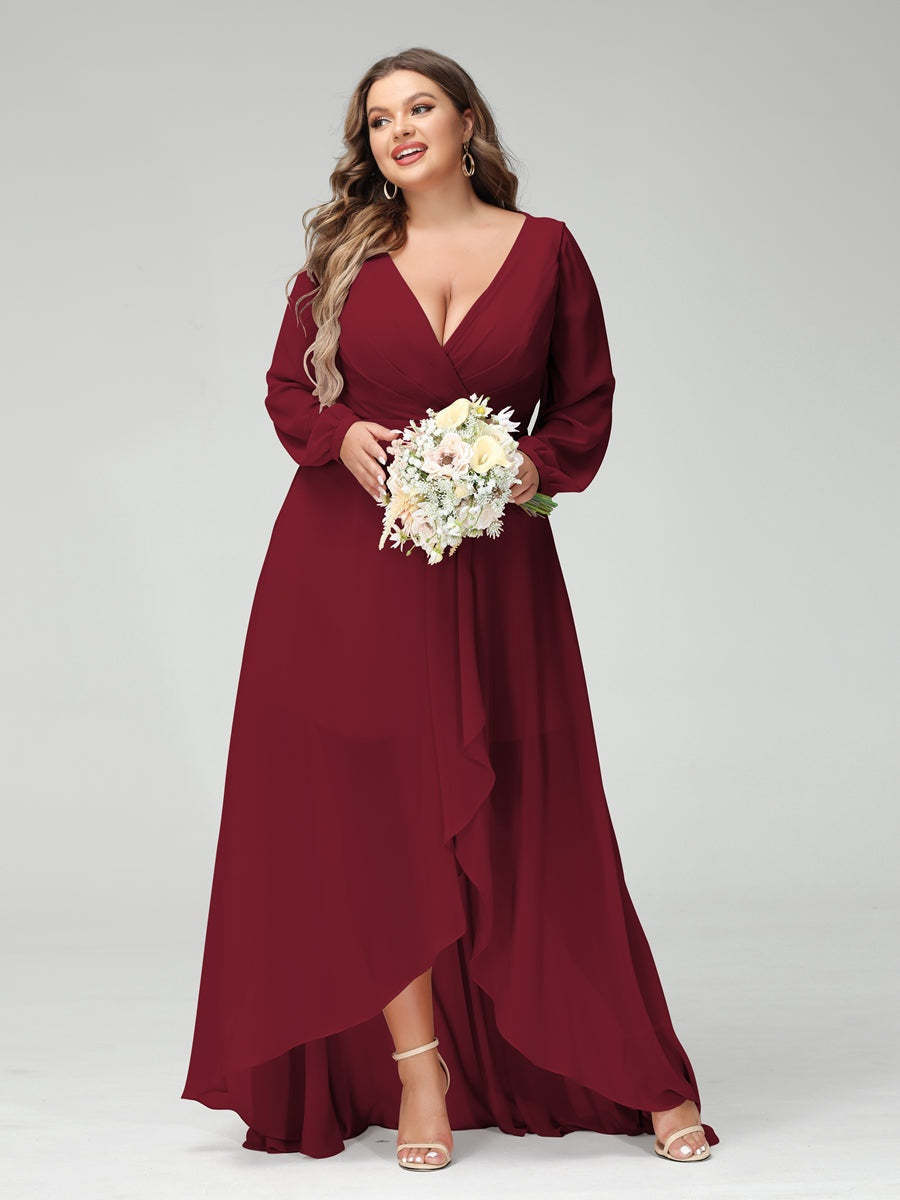 Plus Size Asymmetrical A-Line Bridesmaid Dress with V-Neck and Long Sleeves, Featuring Pockets