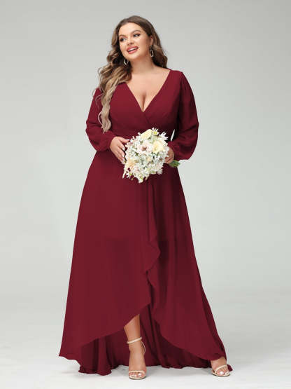 Plus Size Asymmetrical A-Line Bridesmaid Dress with V-Neck and Long Sleeves, Featuring Pockets