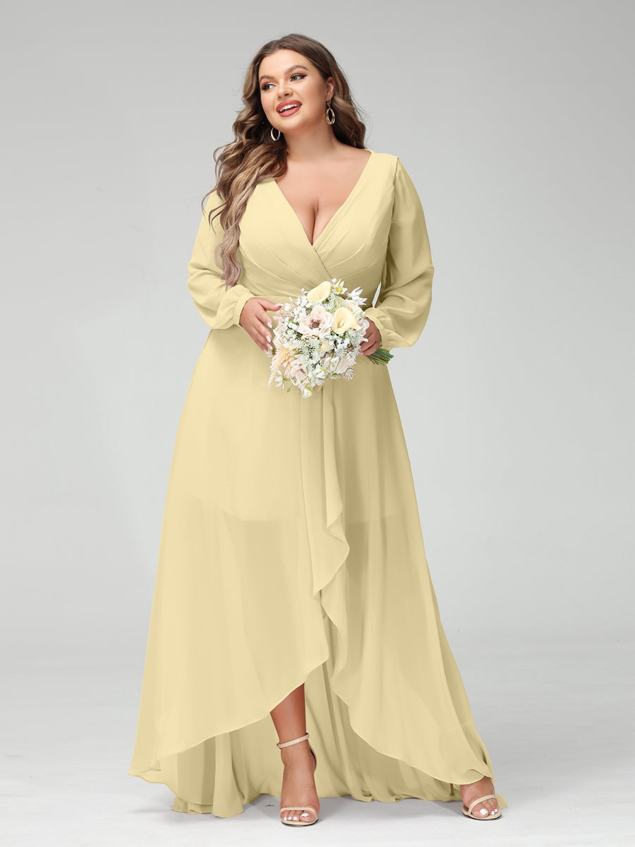 Plus Size Asymmetrical A-Line Bridesmaid Dress with V-Neck and Long Sleeves, Featuring Pockets